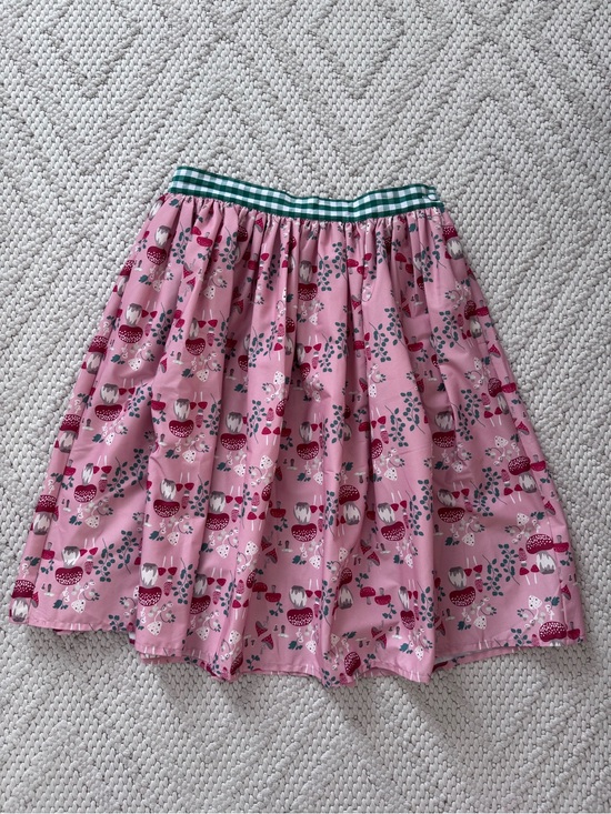 Unique Vintage Dresses & Skirts - Pink Floral Gathered Skirt with Green Check Waistband